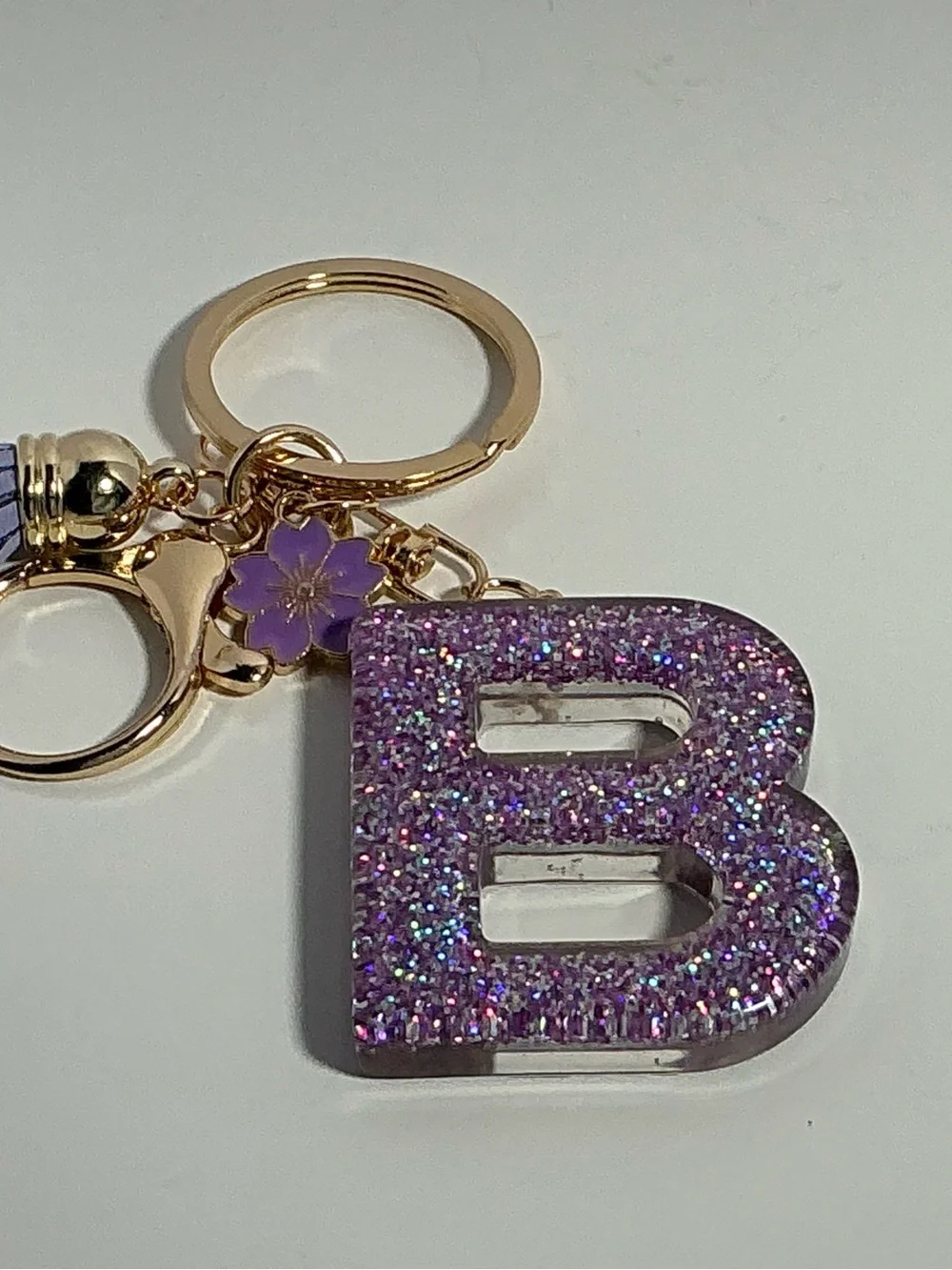 Sparkling Purple Initial B Keychain with Gold Hardware